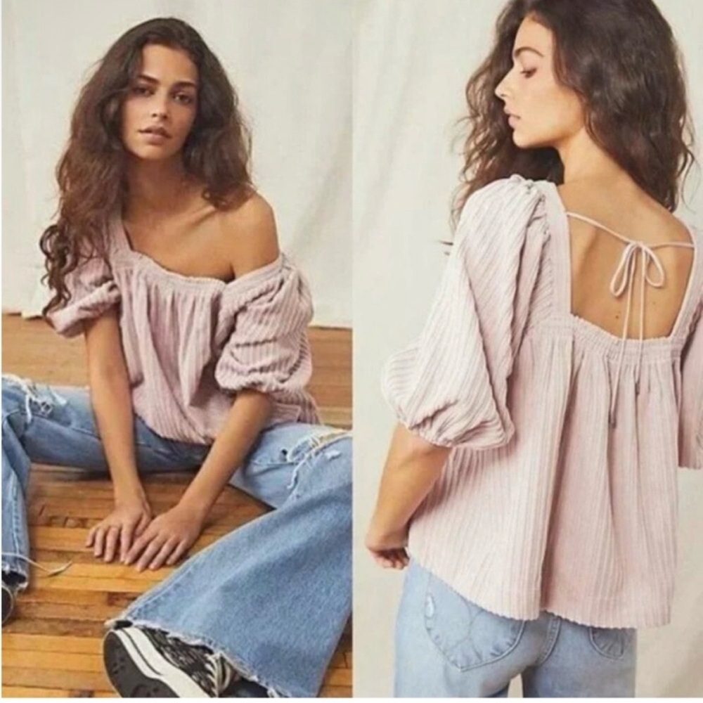 Free People Raquel Cord Blush Pink Puff Sleeve Oversized Textured Blouse